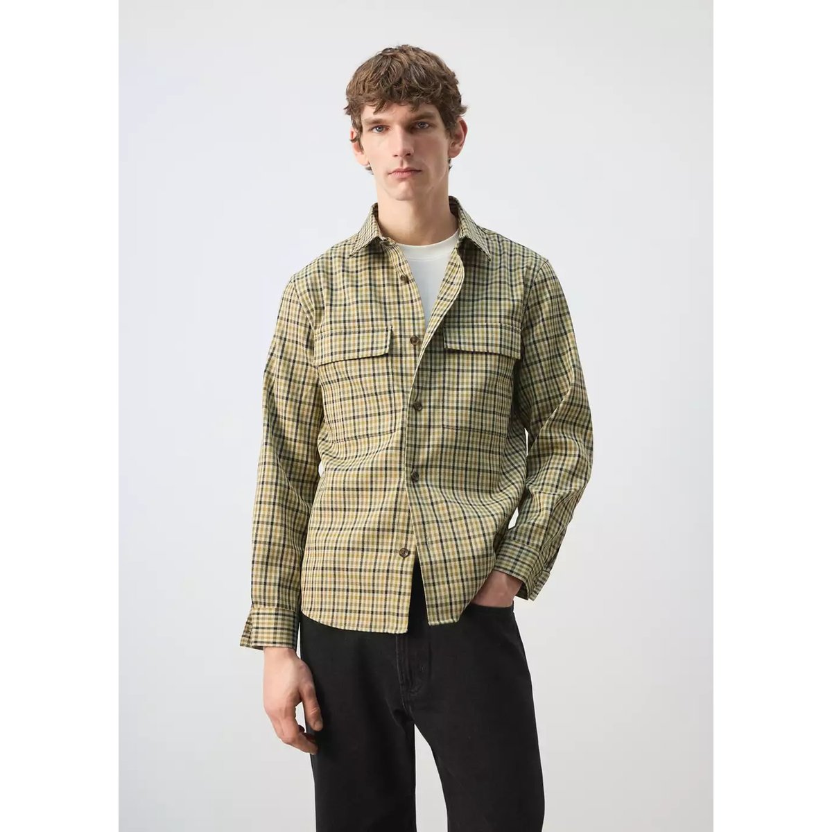 Veste boutons imprimé à carreaux olive, MANGO MAN