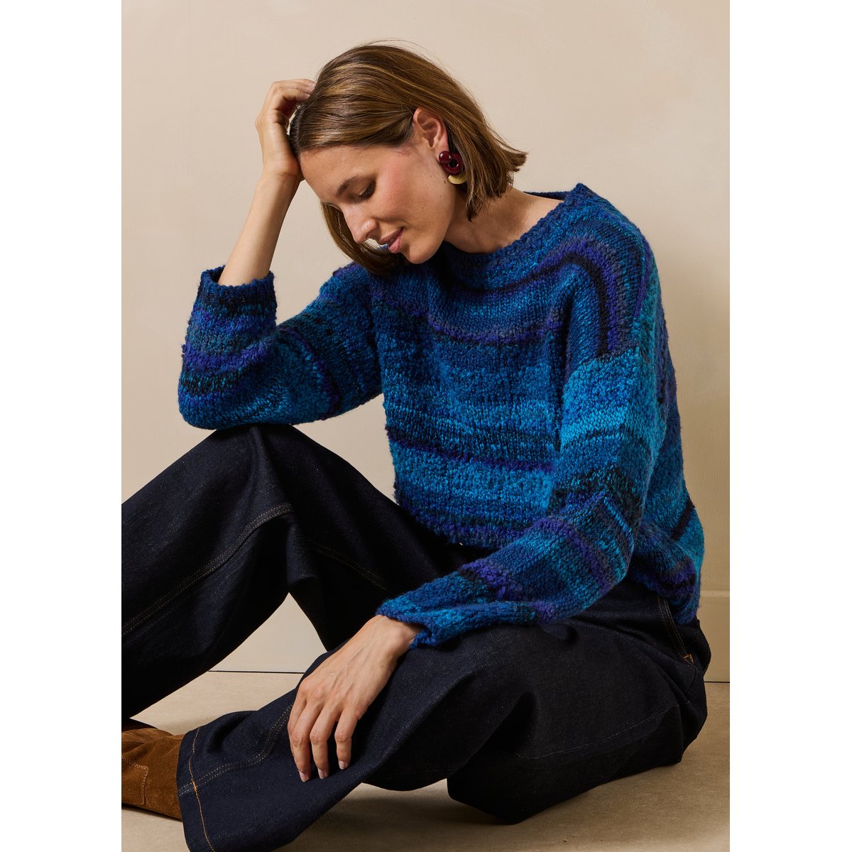 Pull rayé manches longues col rond bleu azur, LA FEE MARABOUTEE