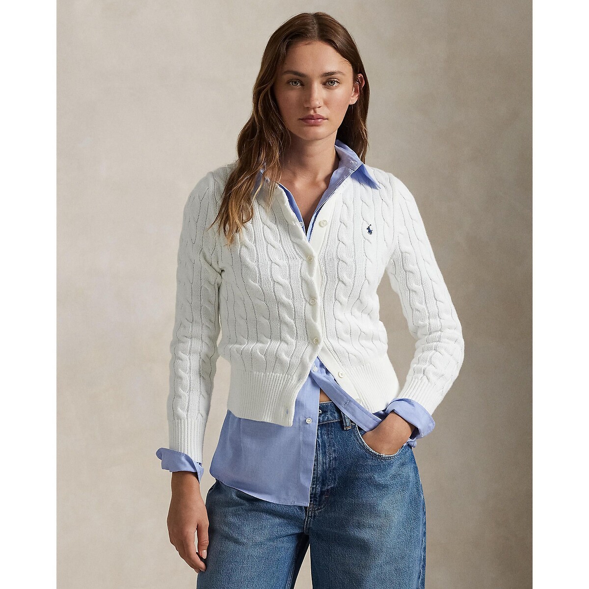 Cardigan à col rond et à manches longues, en maille torsadée blanc, POLO RALPH LAUREN