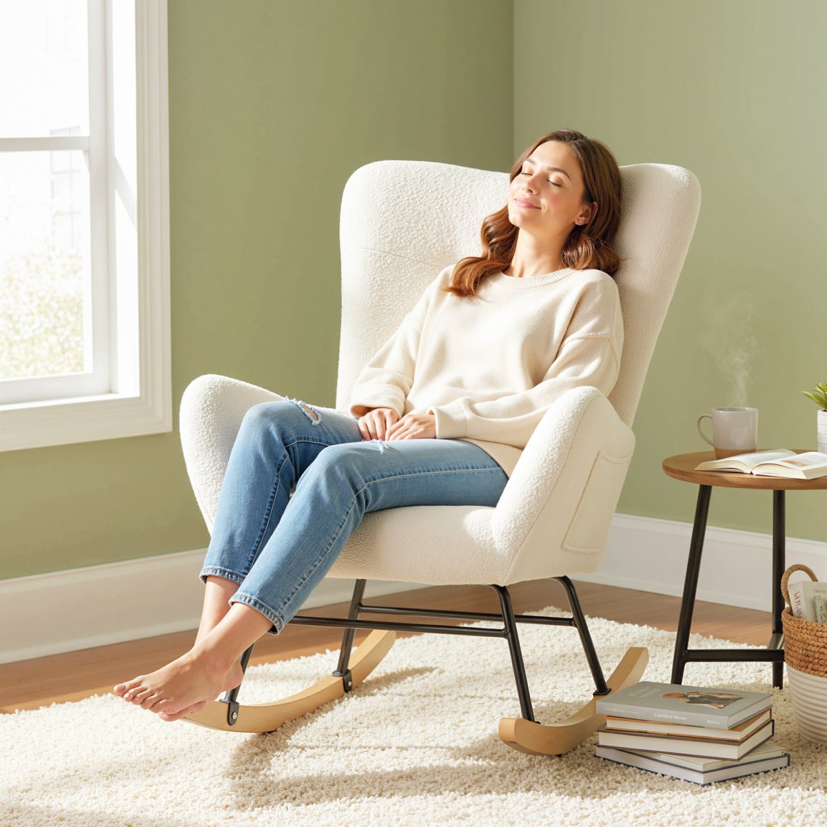 Fauteuil à bascule Peluche Teddy Crème crème, HOMCOM