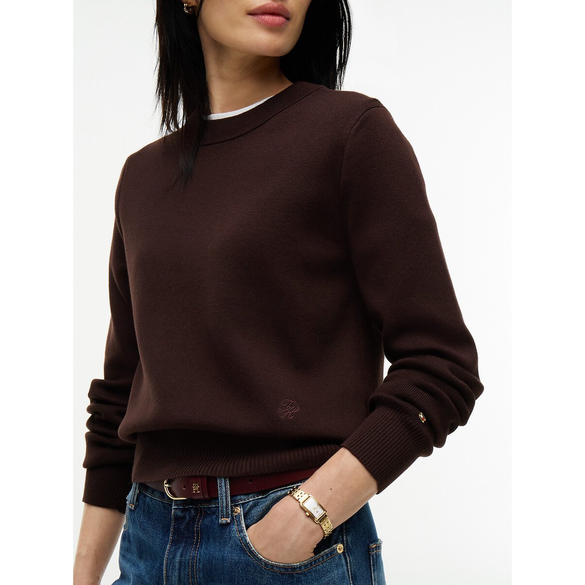 Pull col rond manches longues en coton chocolat, TOMMY HILFIGER