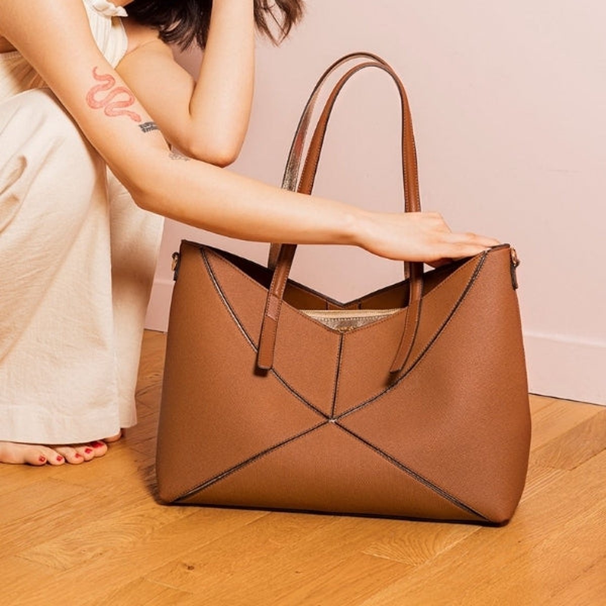 Grand sac shopper Tamelia cognac,doré, LOLLIPOPS
