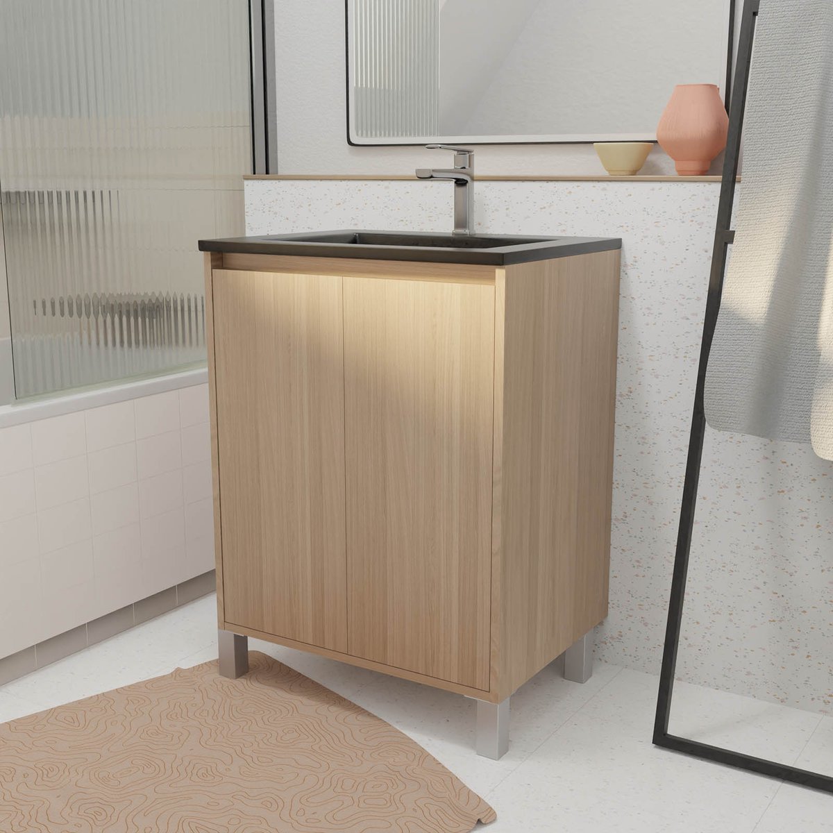 Meuble de salle de bains sur pieds avec 2 portes et vasque noir, HOME MAISON