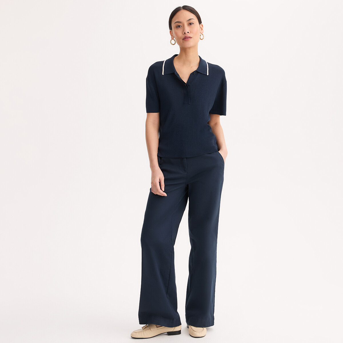 Pull col polo manches courtes en fine maille bleu marine, ANNE WEYBURN