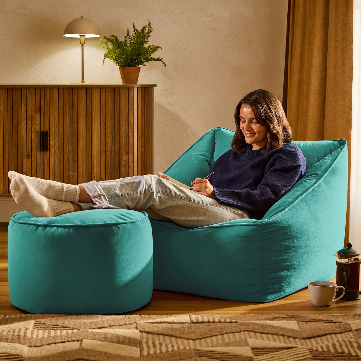 Pouf fauteuil salon et son repose-pied rond en velours mat Oeko-Tex® - NATALIA bleu canard, ICON