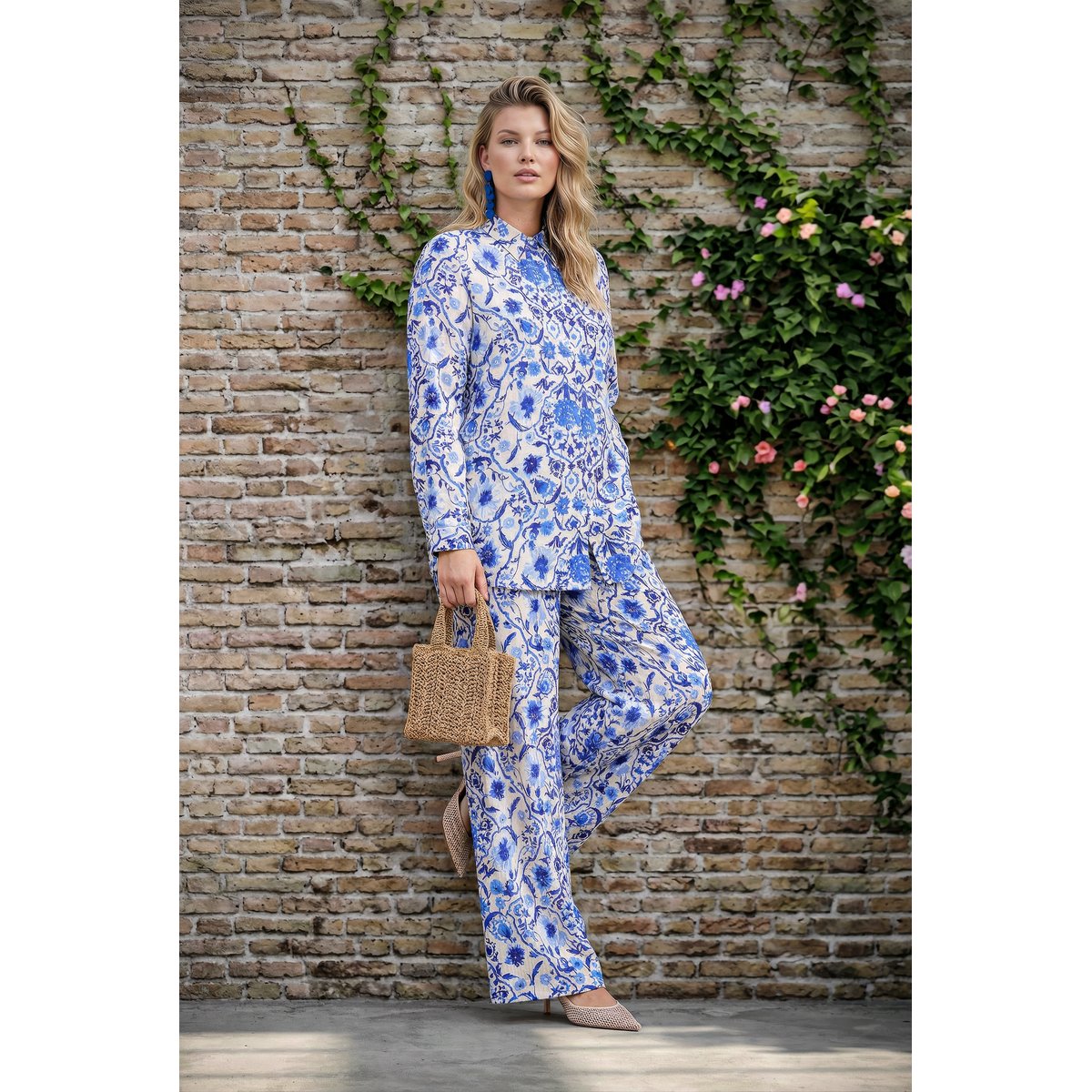 Chemisier en lin mélangé, col chemise blanc cassé, ULLA POPKEN