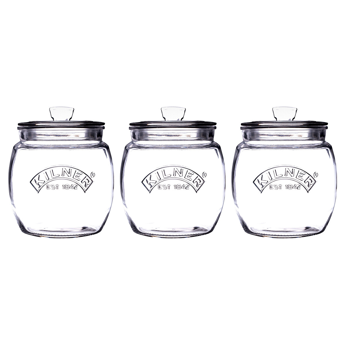 Set of 3 Universal Push Top Storage Jars transparent, KILNER