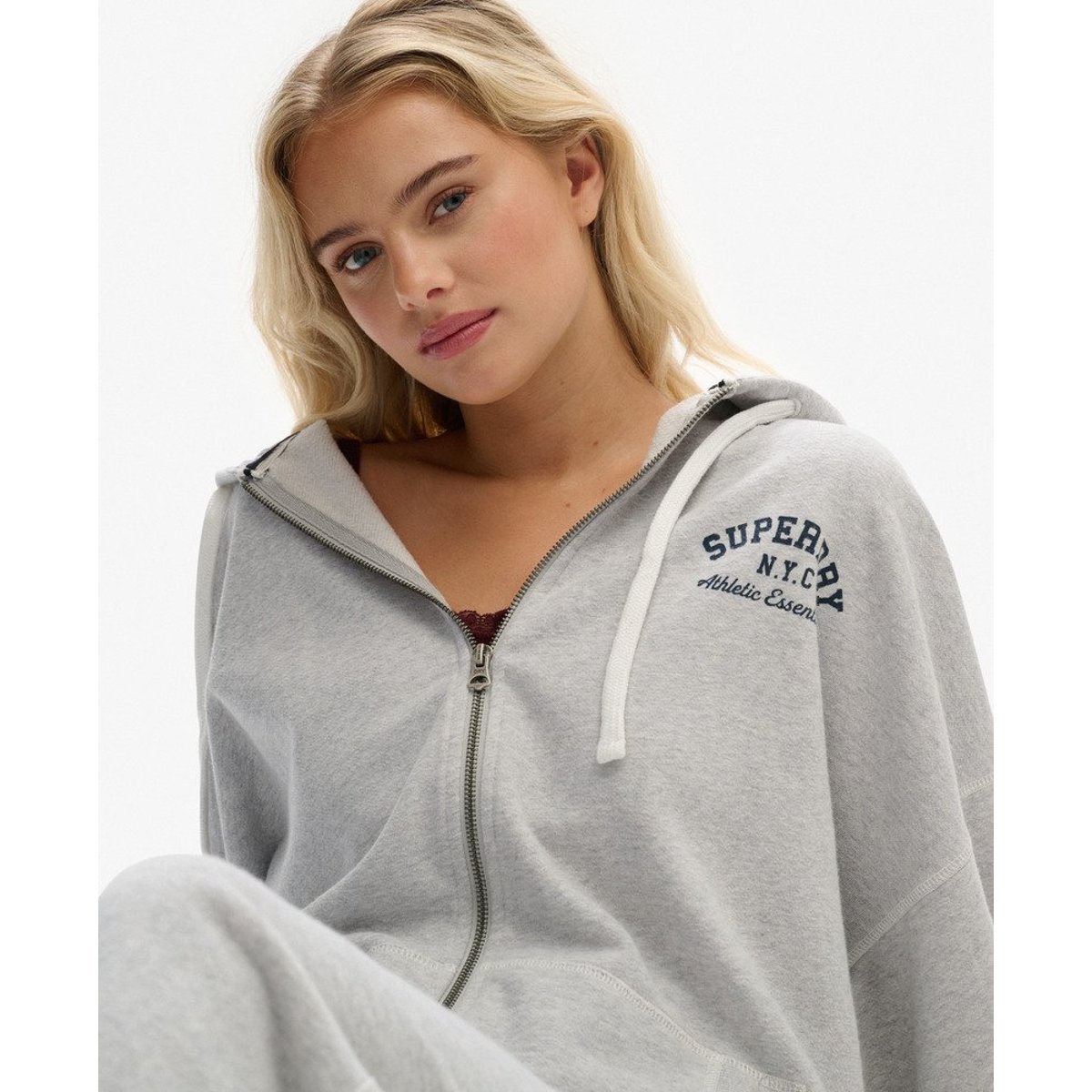 Sweat à capuche zippé oversize Athletic Essentials gris glacier chiné, SUPERDRY