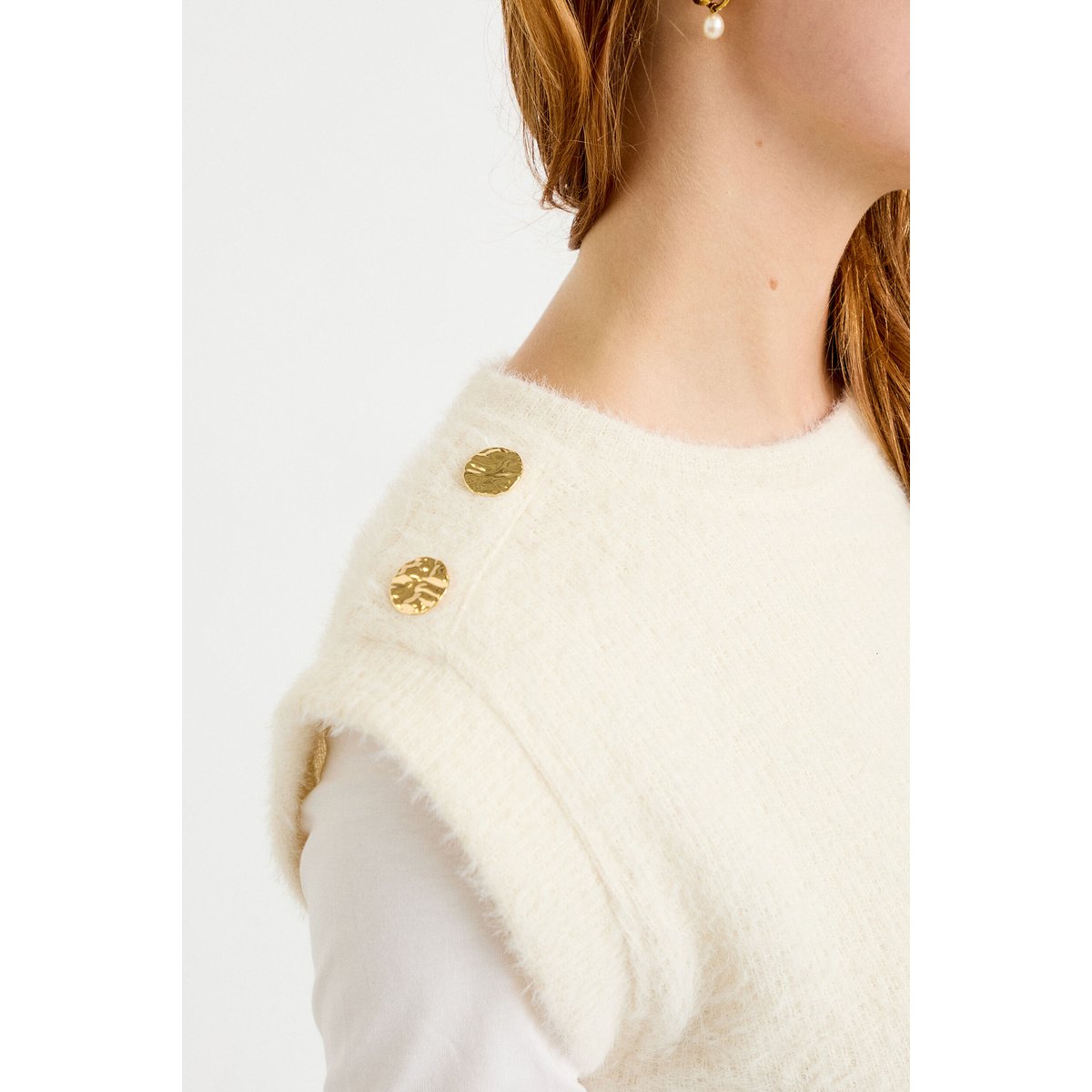 Pull 2-en-1 manches longues col rond ecru, CACHE CACHE