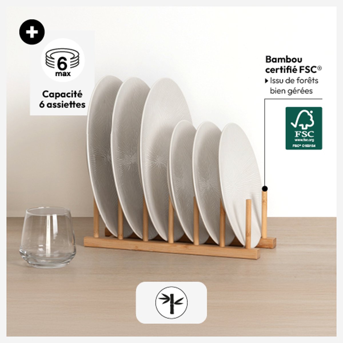 Rack 6 assiettes en bambou beige, 5FIVE SIMPLY SMART