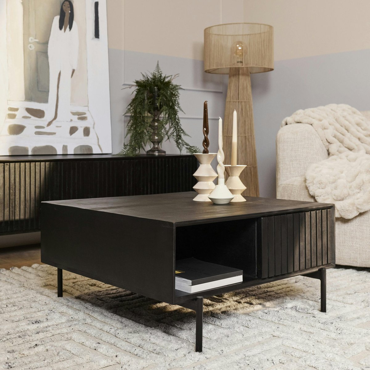 Table basse carrée 2 tiroirs 1 niche CORTINA noir, PIER IMPORT