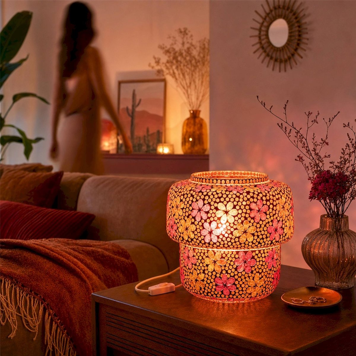 Lampe de table mosaïque en verre rose foncé et orange, RECOLLECTION