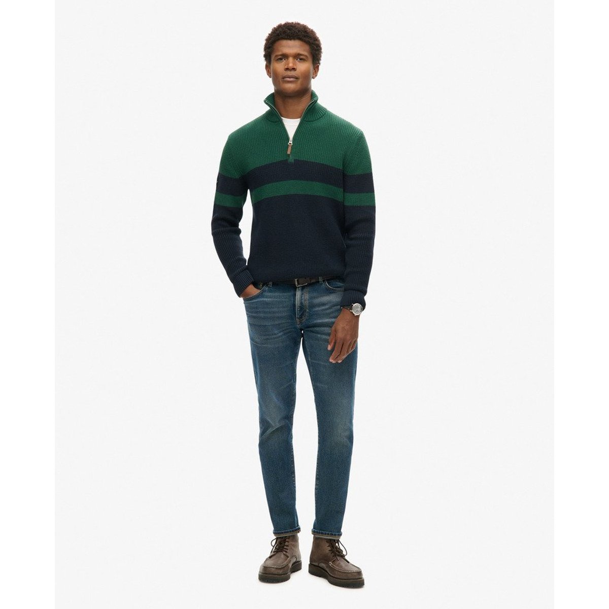 Pull rayé coton à col zippé Classic bleu marine/vert, SUPERDRY