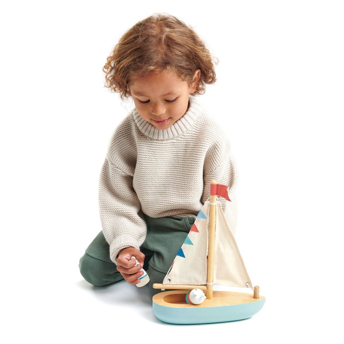 Bateau en bois bleu, beige, rouge, TENDER LEAF TOYS