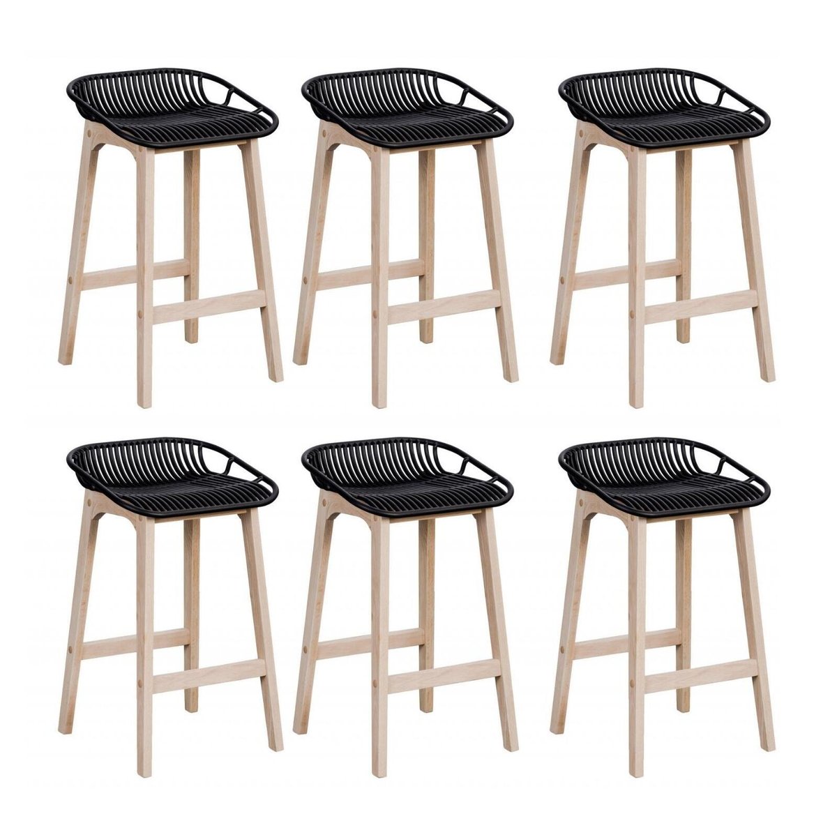 Lot de chaises d'îlot et bar en chêne et assise plastique 65cm MALMO | Lot de 6 noir, MOB IN