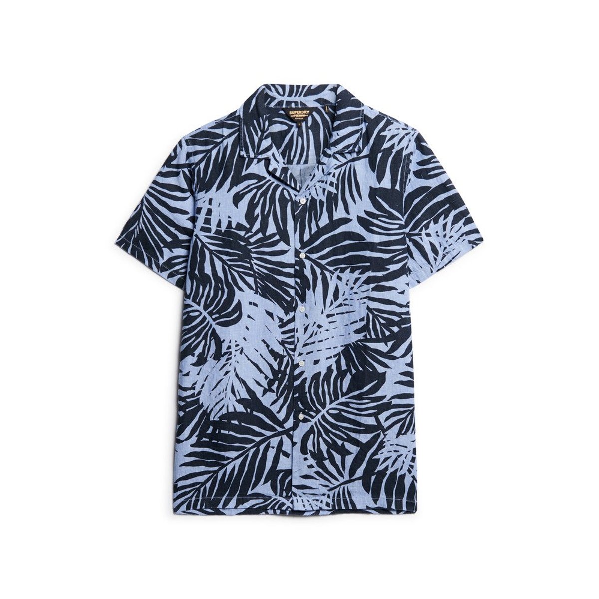 Chemise imprimée en lin à col ouvert imprimé bleu palmier philip, SUPERDRY