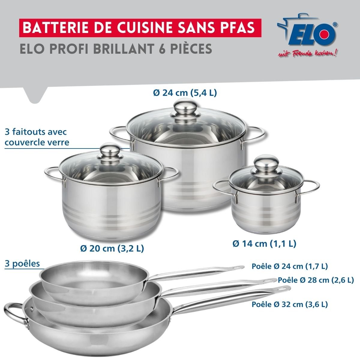 3 poêles 24/28/32cm + 3 faitouts 14/20/24cm PROFI BRILLANT gris, ELO