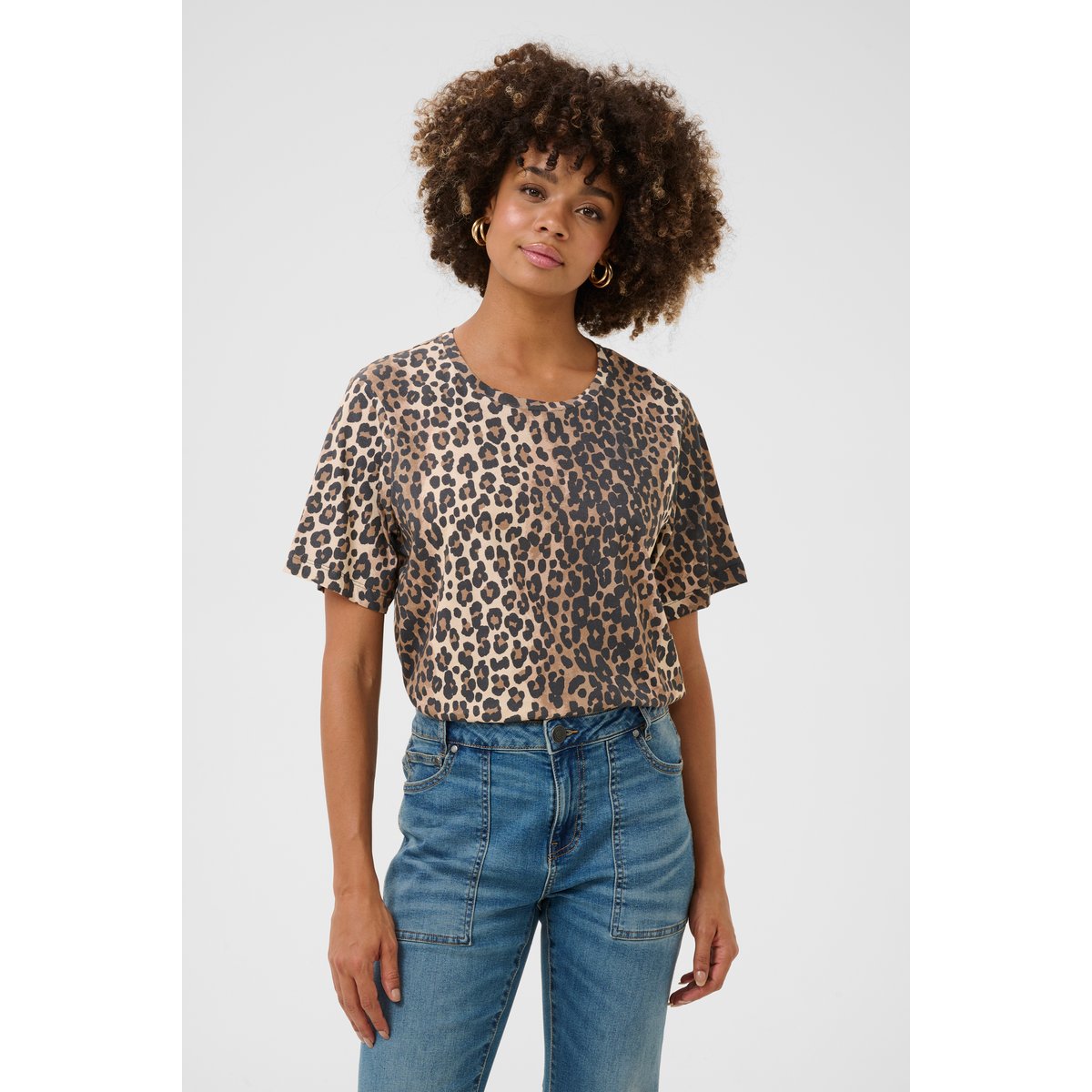 T-shirt à manches courtes noir beige marron leopard animalier, CULTURE