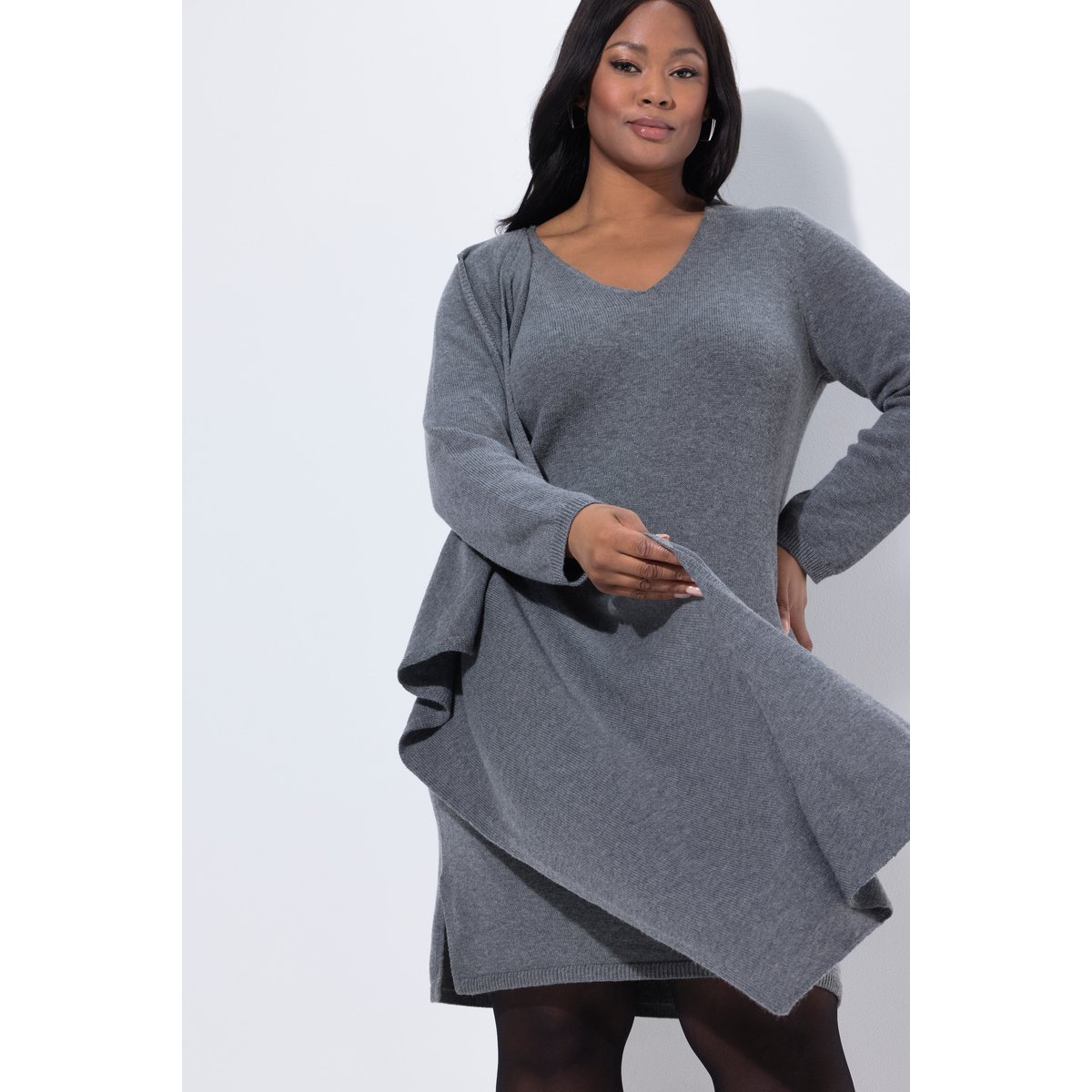 Robe en maille à col V et manches longues chiné gris moyen, ULLA POPKEN