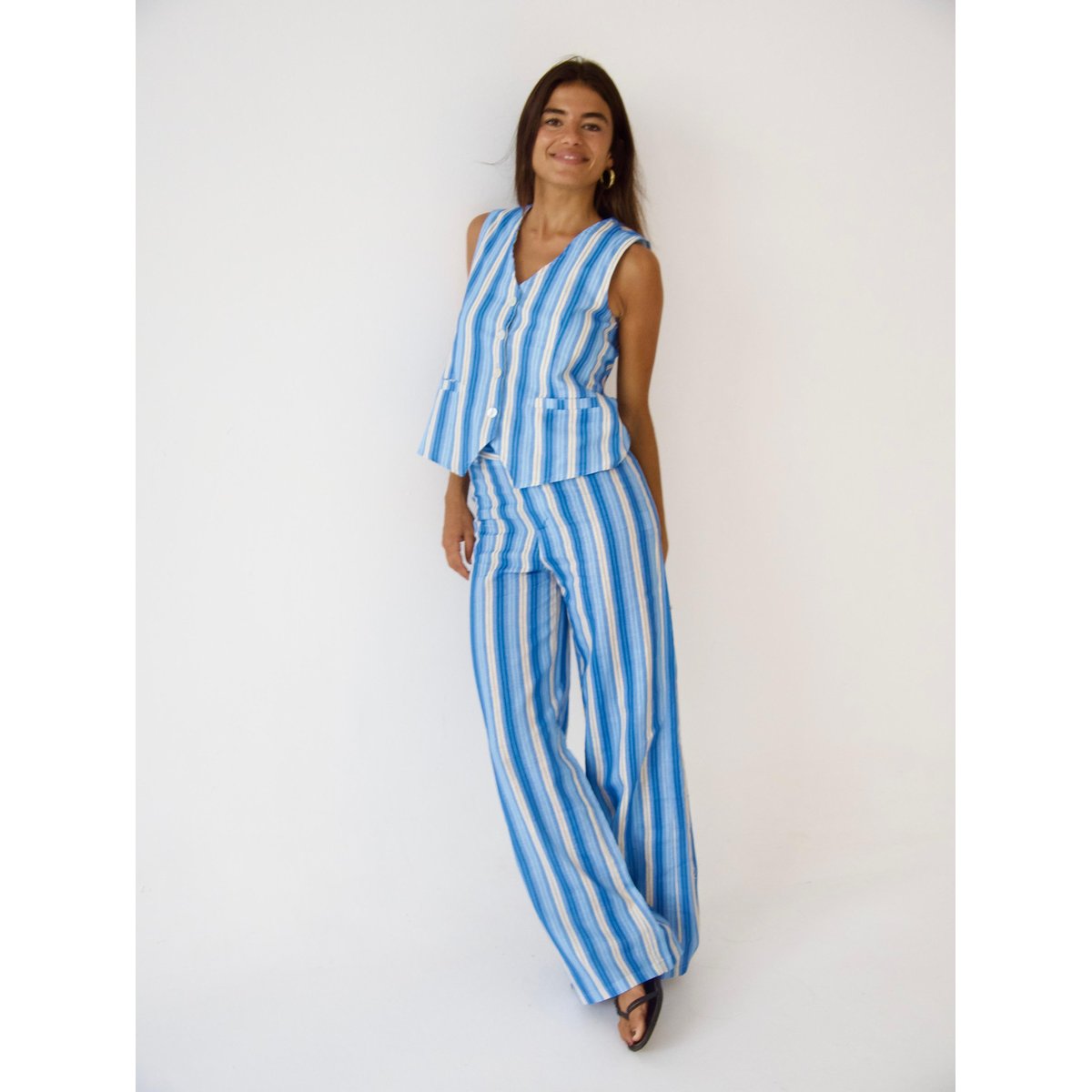Pantalon à pinces rayé lin ANA bleu, MINDTRAVELER