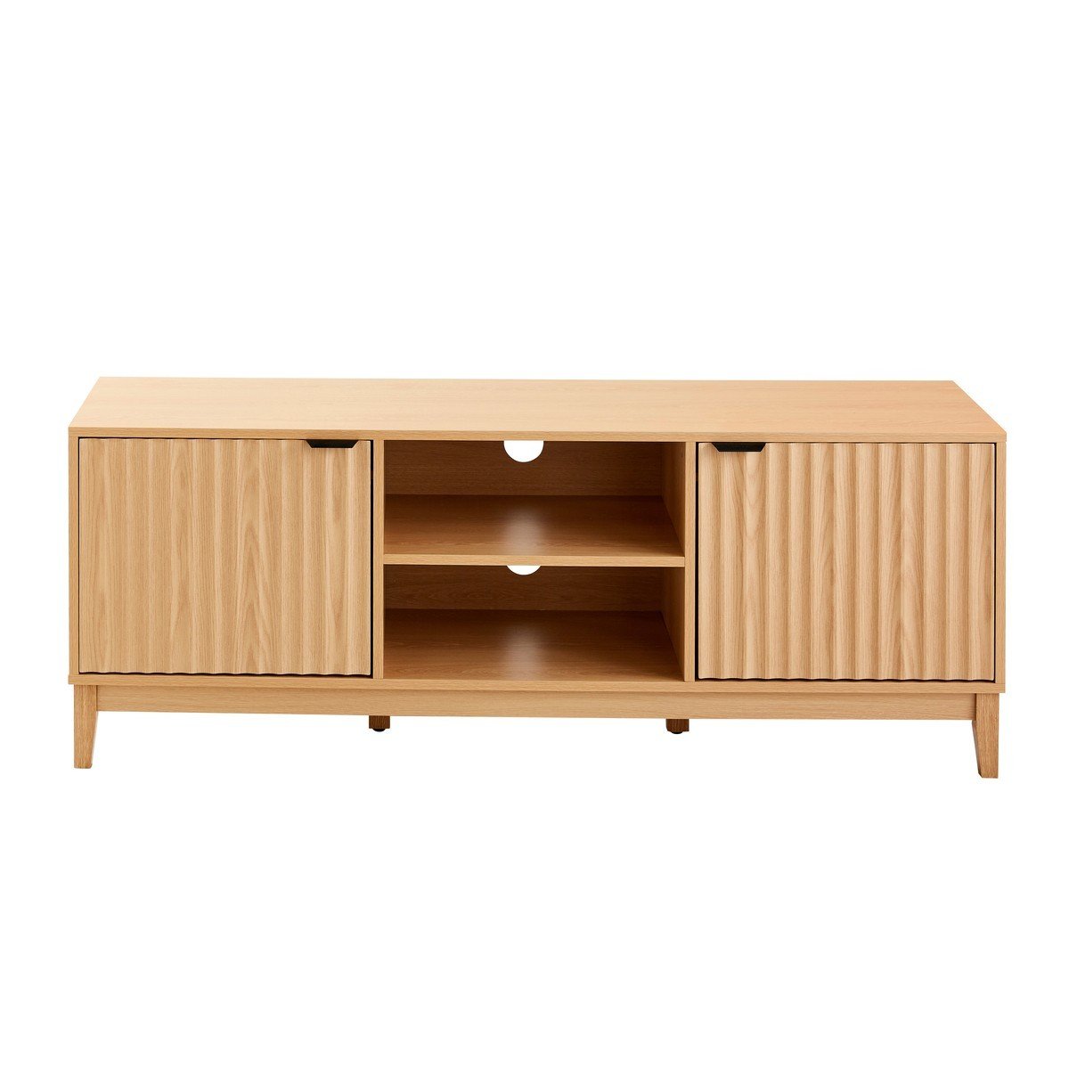 Meuble TV 2 niches et 2 portes aux façades effet vague L140 cm - BOLOGNE bois clair, CALICOSY
