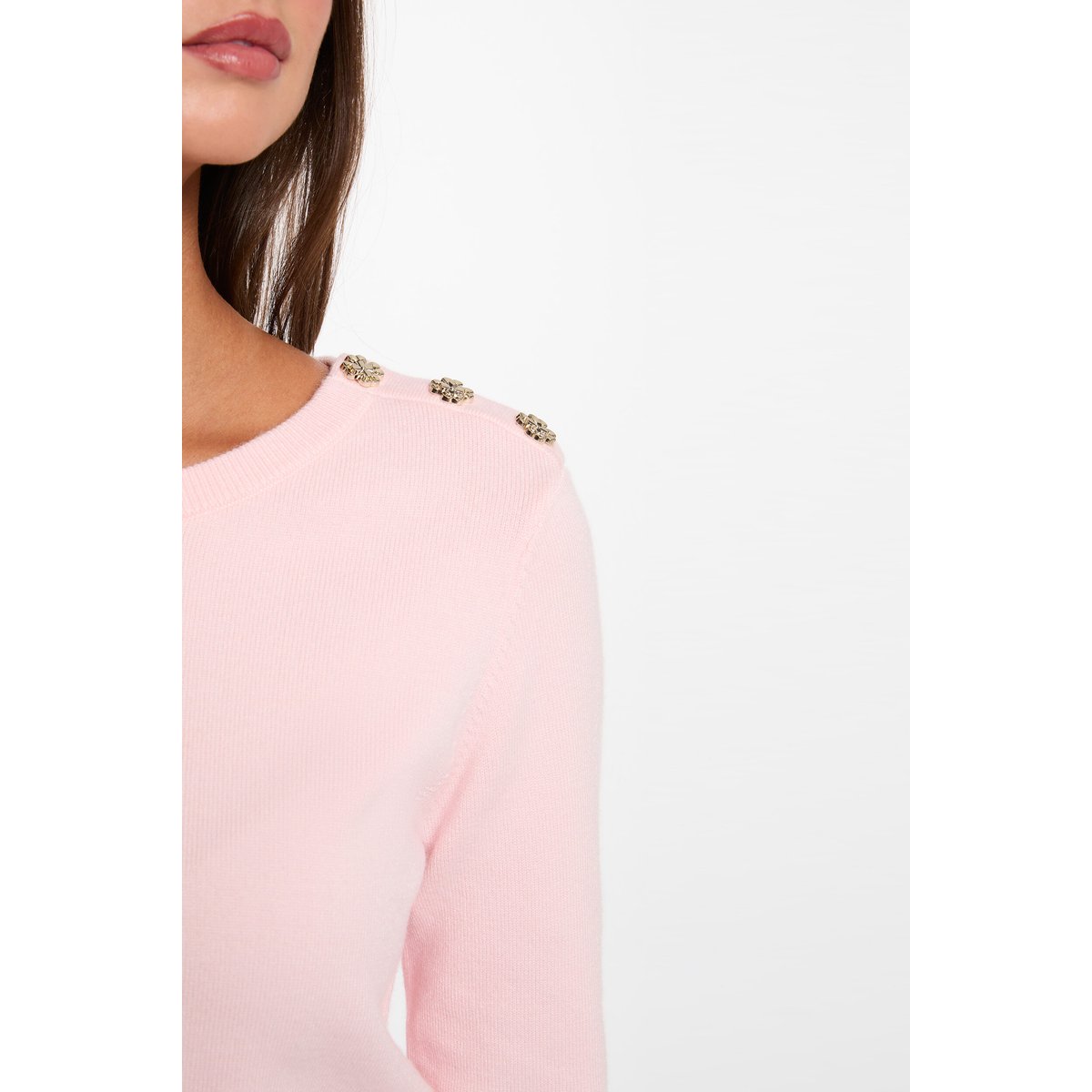 Pull col rond boutons rose clair, MORGAN