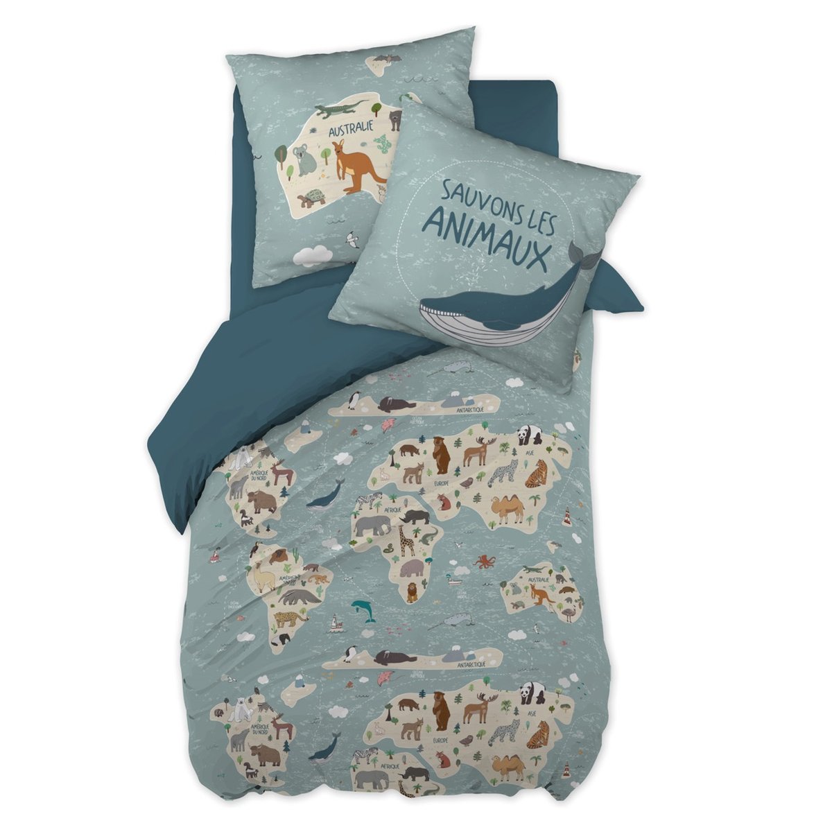 Parure Housse de couette Collection Sauvons les Animaux bleu, EDEN