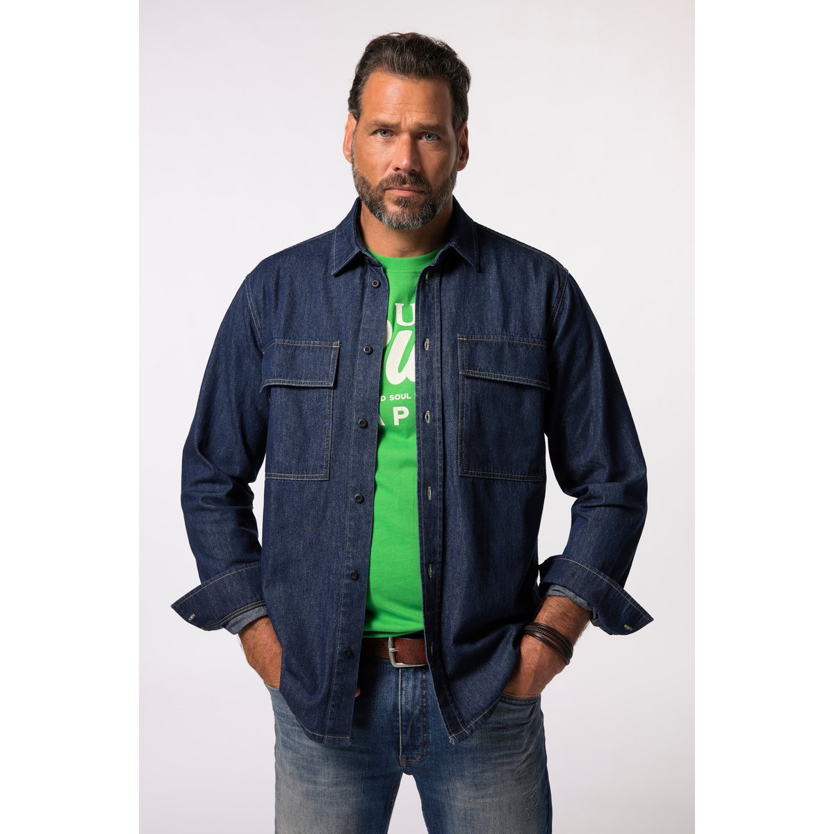 Chemise en jean, tissu denim jean bleu foncé, JP1880