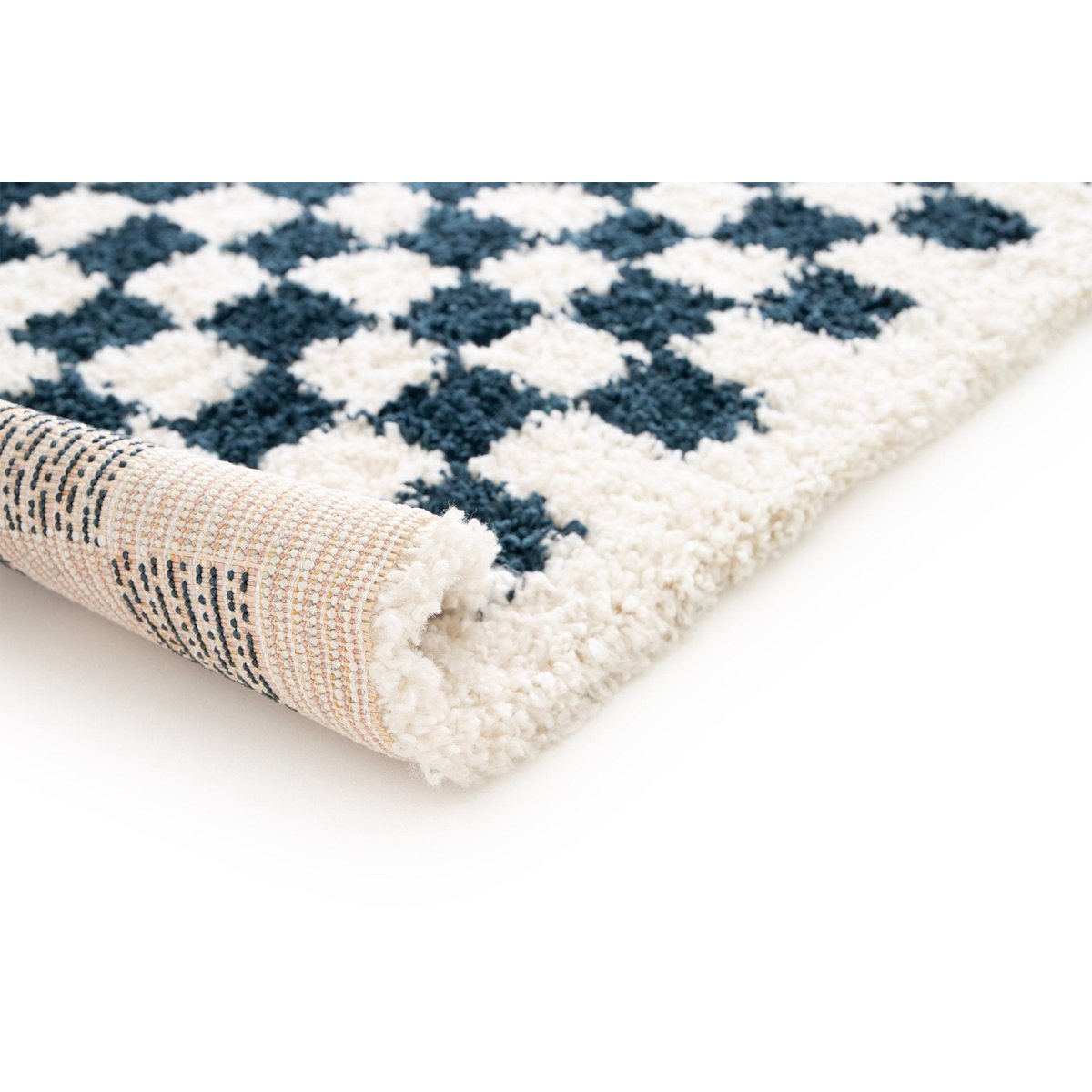Tapis damier poils longs doux et volumineux CHECKERS bleu naturel, AFK LIVING