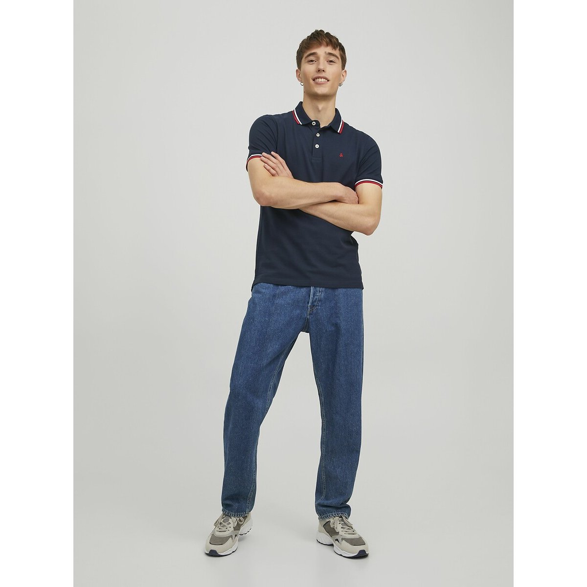 Polo de mangas curtas, em malha piqué marinho, JACK & JONES