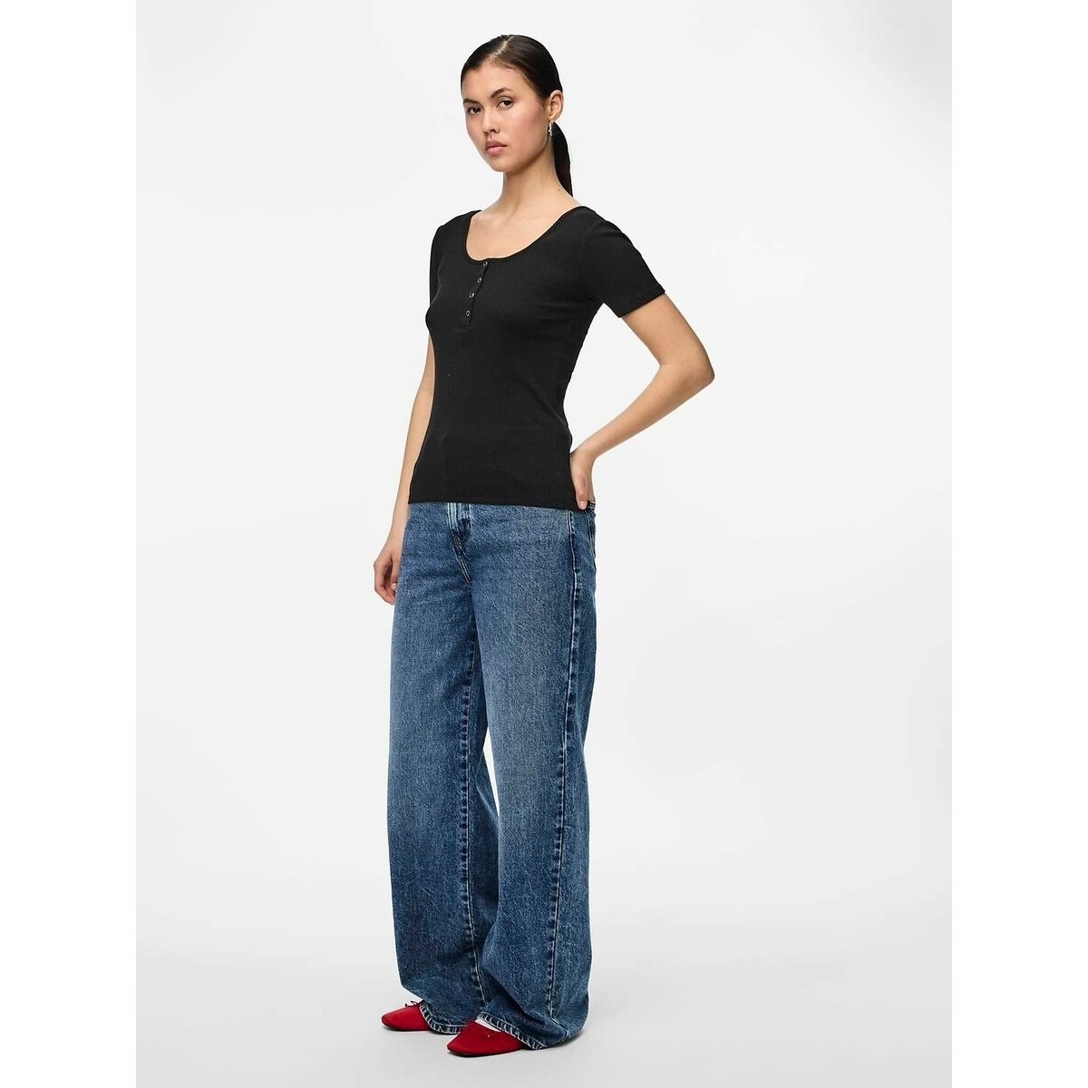 T-shirt con bottoni nero , PIECES