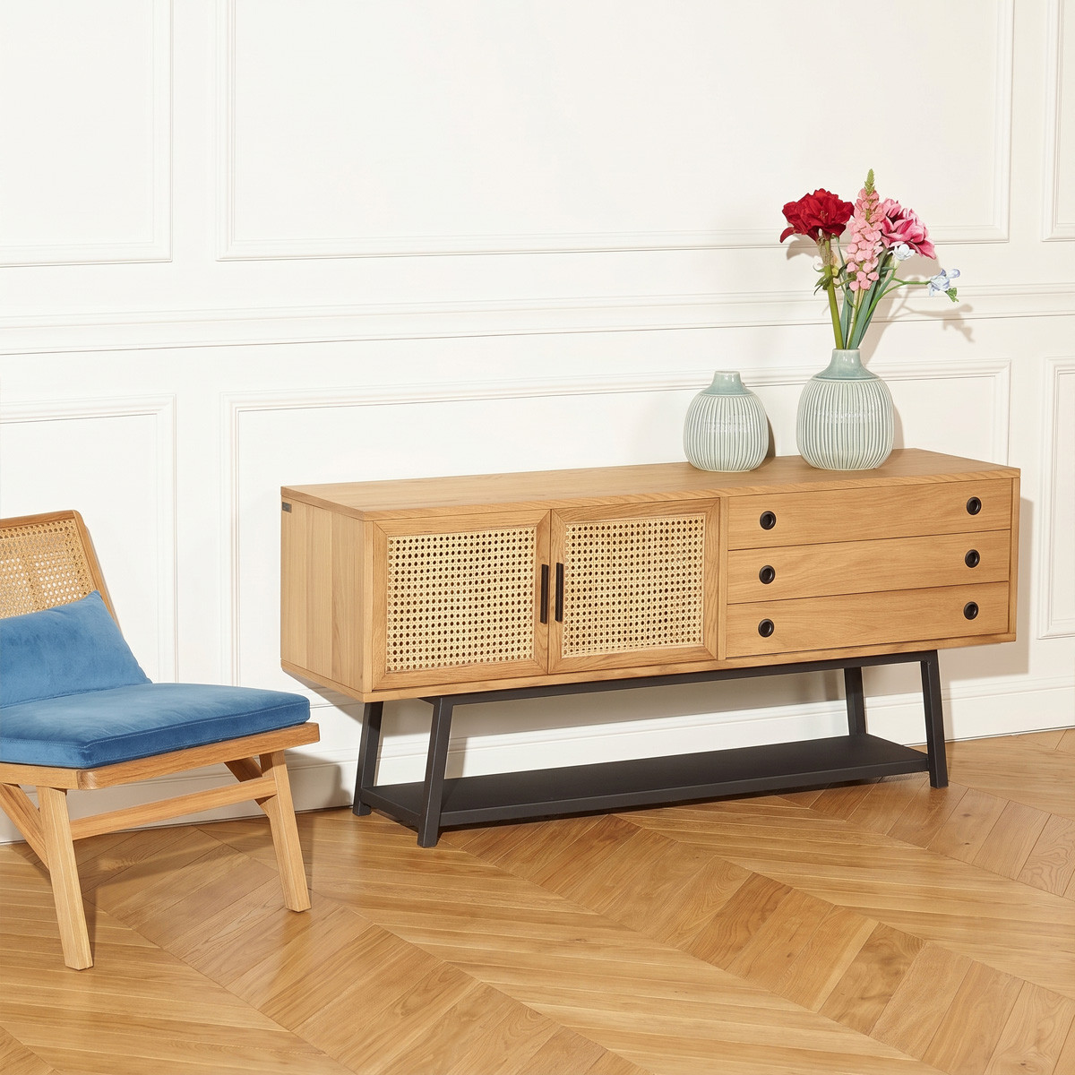 Buffet style scandinave en chêne 2 portes et 2 tiroirs LALALA beige, ROBIN DES BOIS