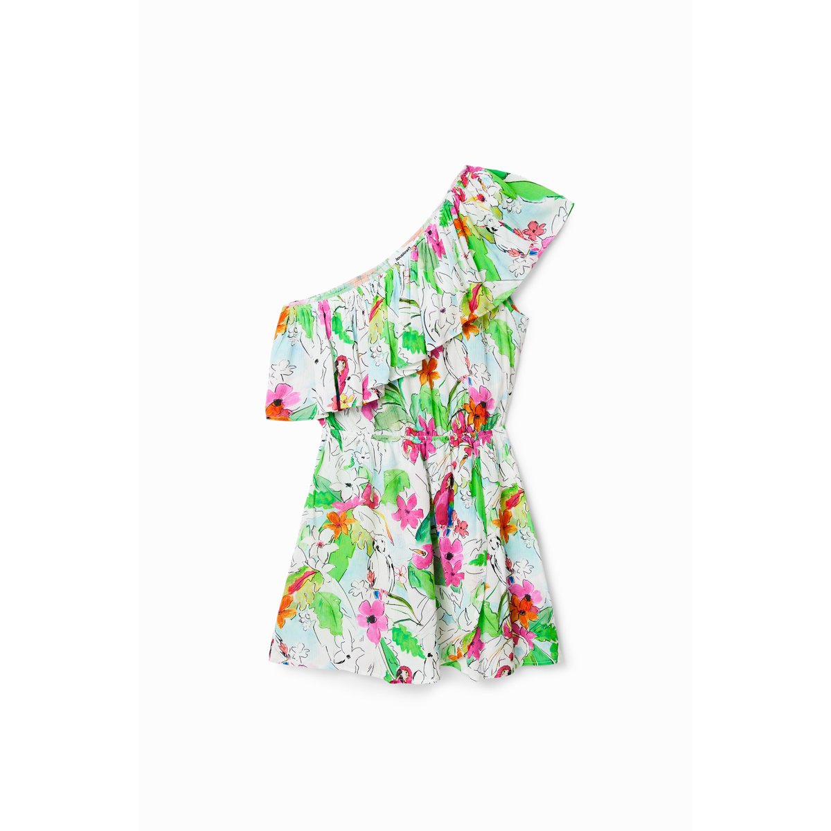 Robe courte asymétrique tropicale blanc, DESIGUAL