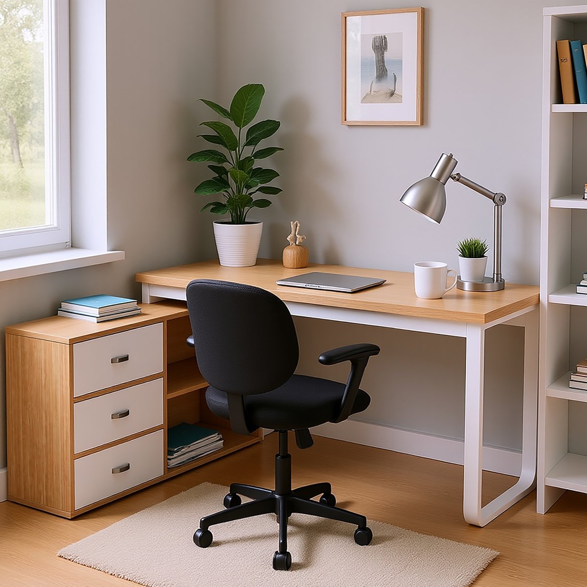 Bureau multifonction L-type avec 3 tiroirs et 2 niches style industriel, DOBBY hêtre, MEUBLES COSY