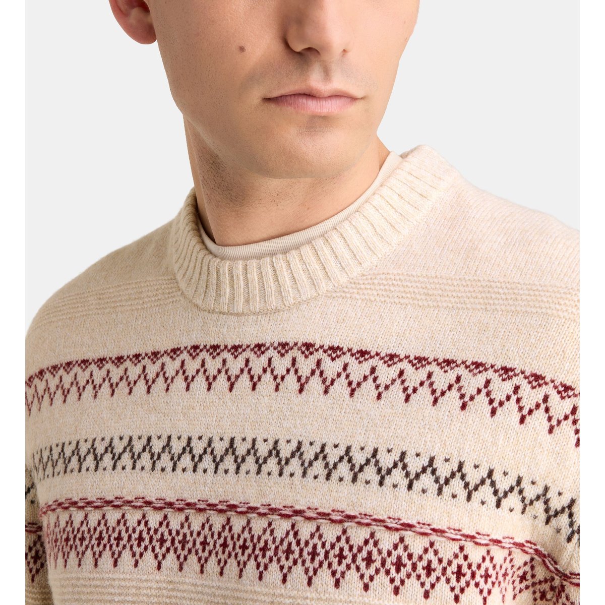 Pull takard en laine et nylon à jacquard beige et rouge, GALERIES LAFAYETTE
