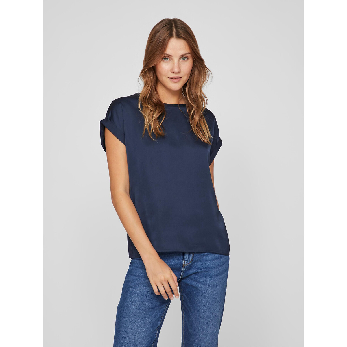 Satin Crew Neck T-Shirt navy, VILA