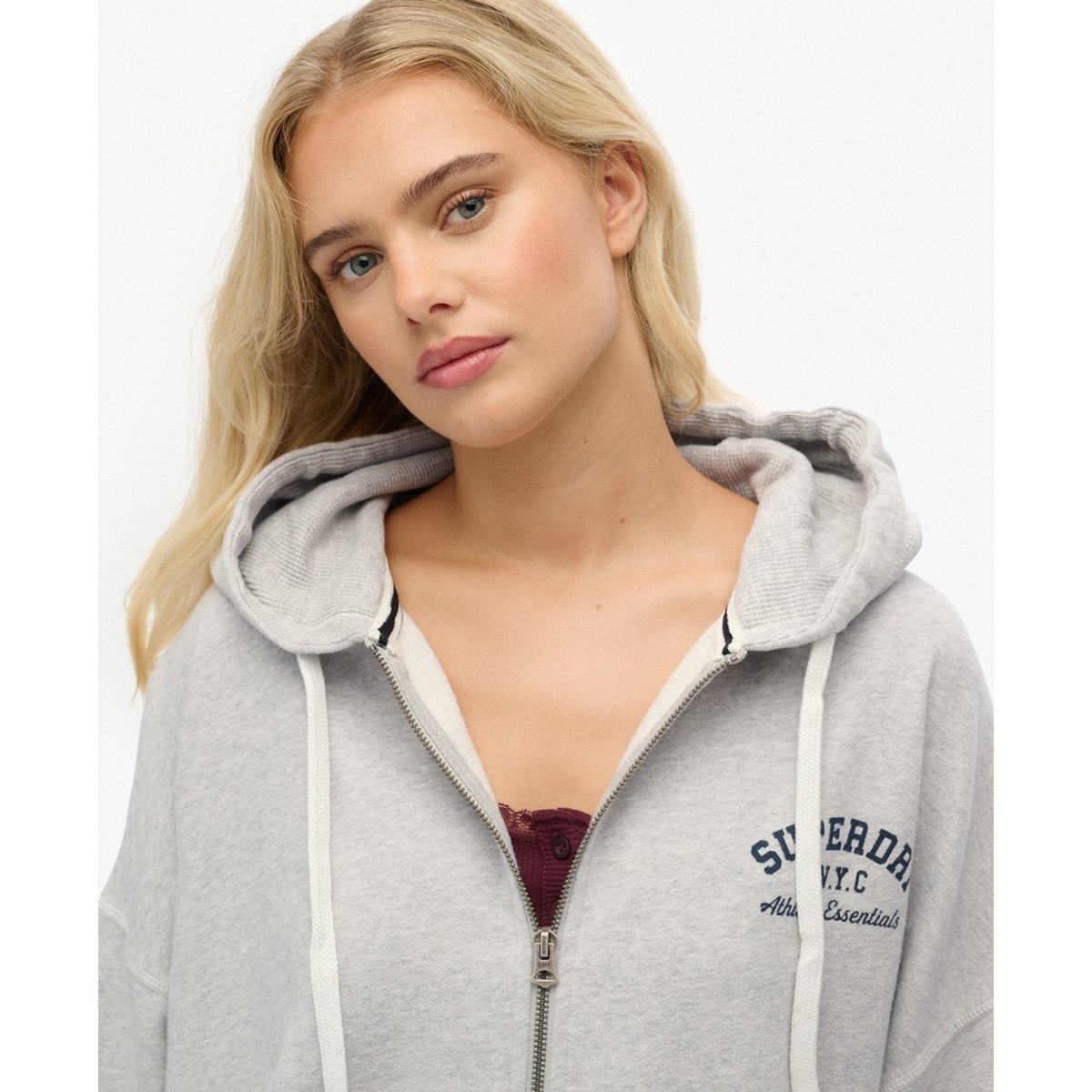 Sweat à capuche zippé oversize Athletic Essentials gris glacier chiné, SUPERDRY