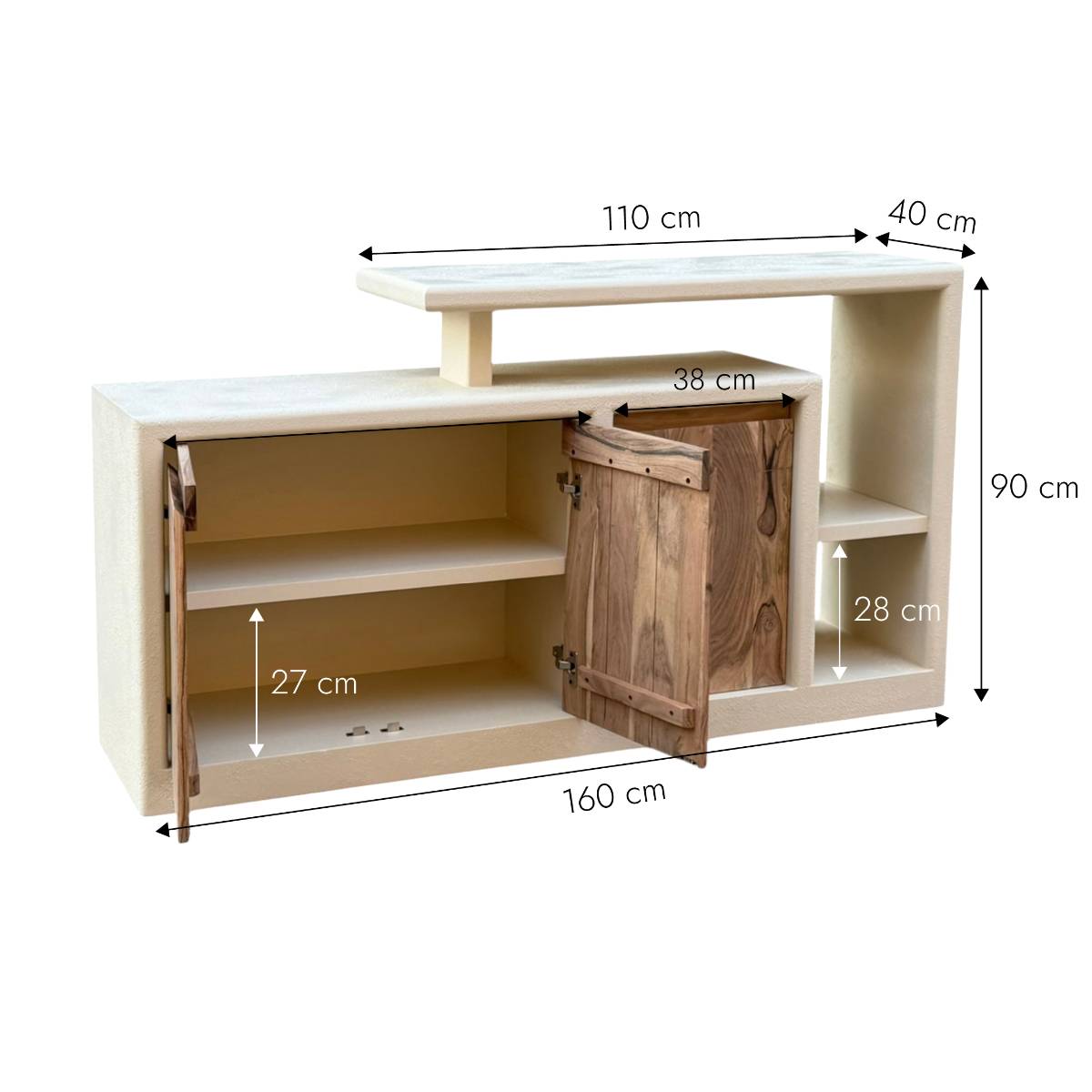 Buffet 3 portes en bois effet béton et acacia DALVA blanc, MADE IN MEUBLES