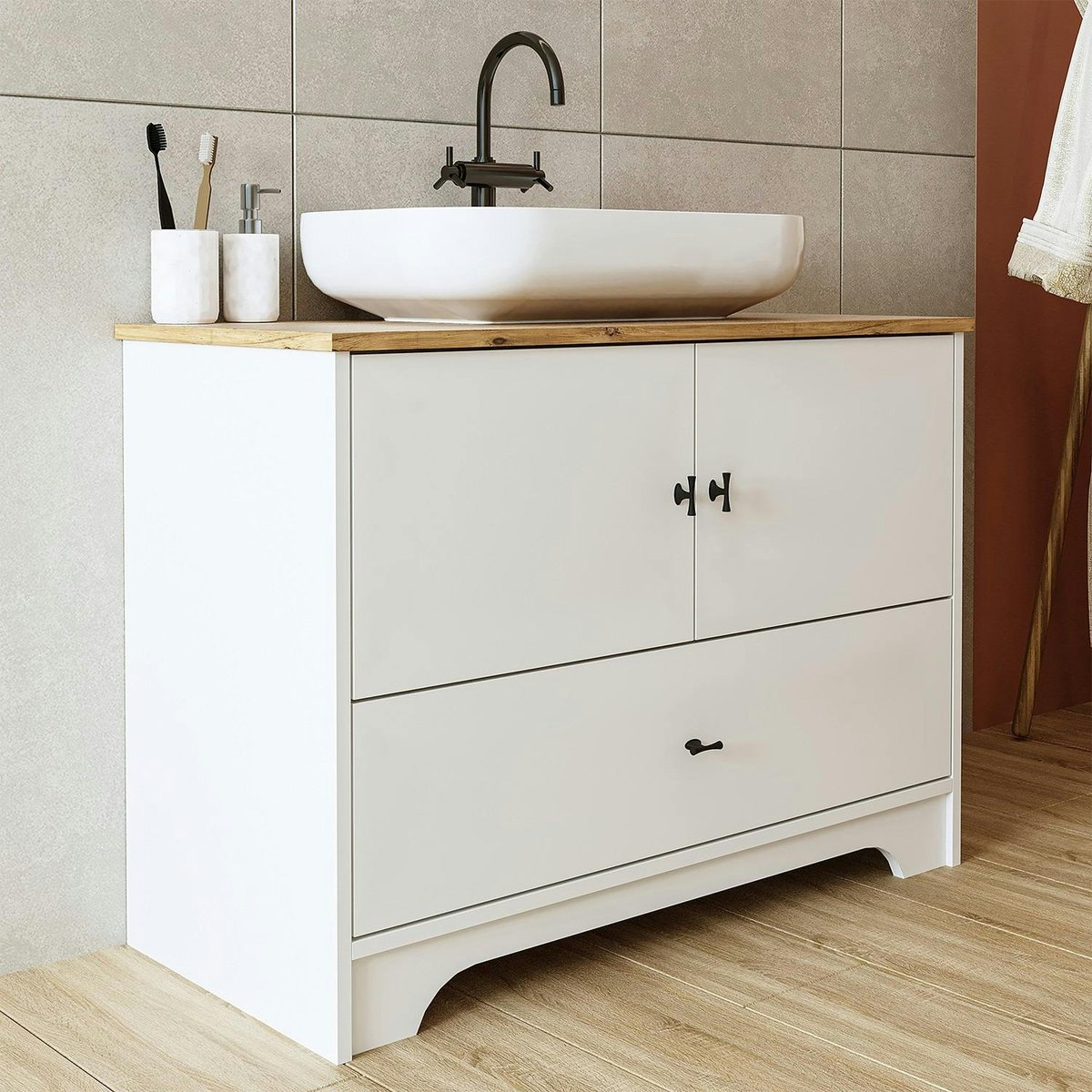 Meuble vasque salle de bains 99 cm blanc 2 portes 1 tiroir DOUNA blanc, PIER IMPORT
