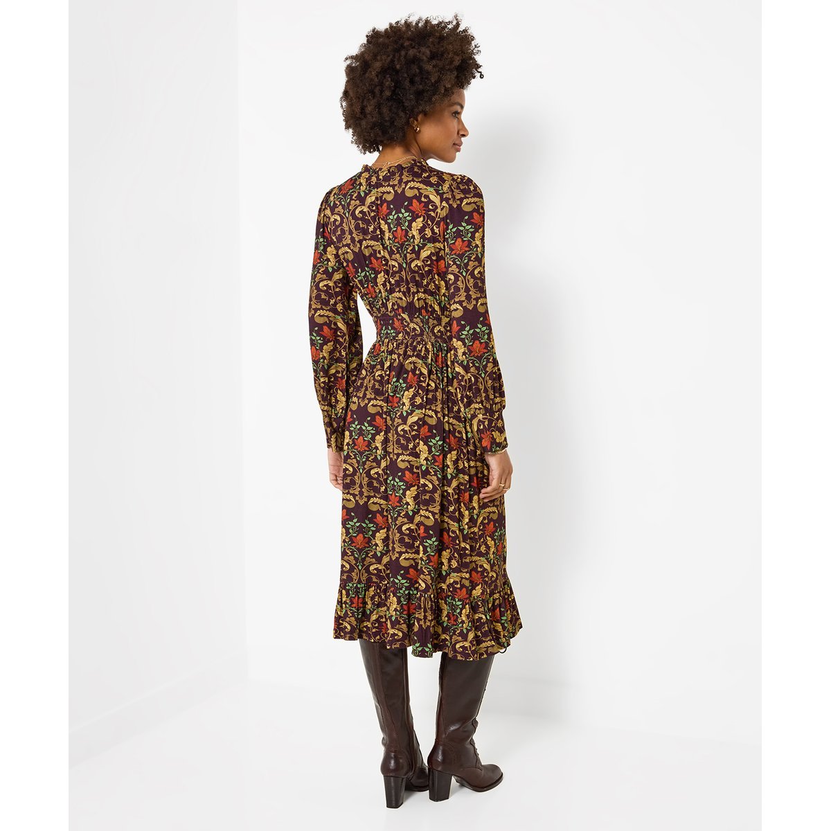 Élégante Robe Mi-Longue en Jersey à Manches Longues Motif Feuilles marron, JOE BROWNS