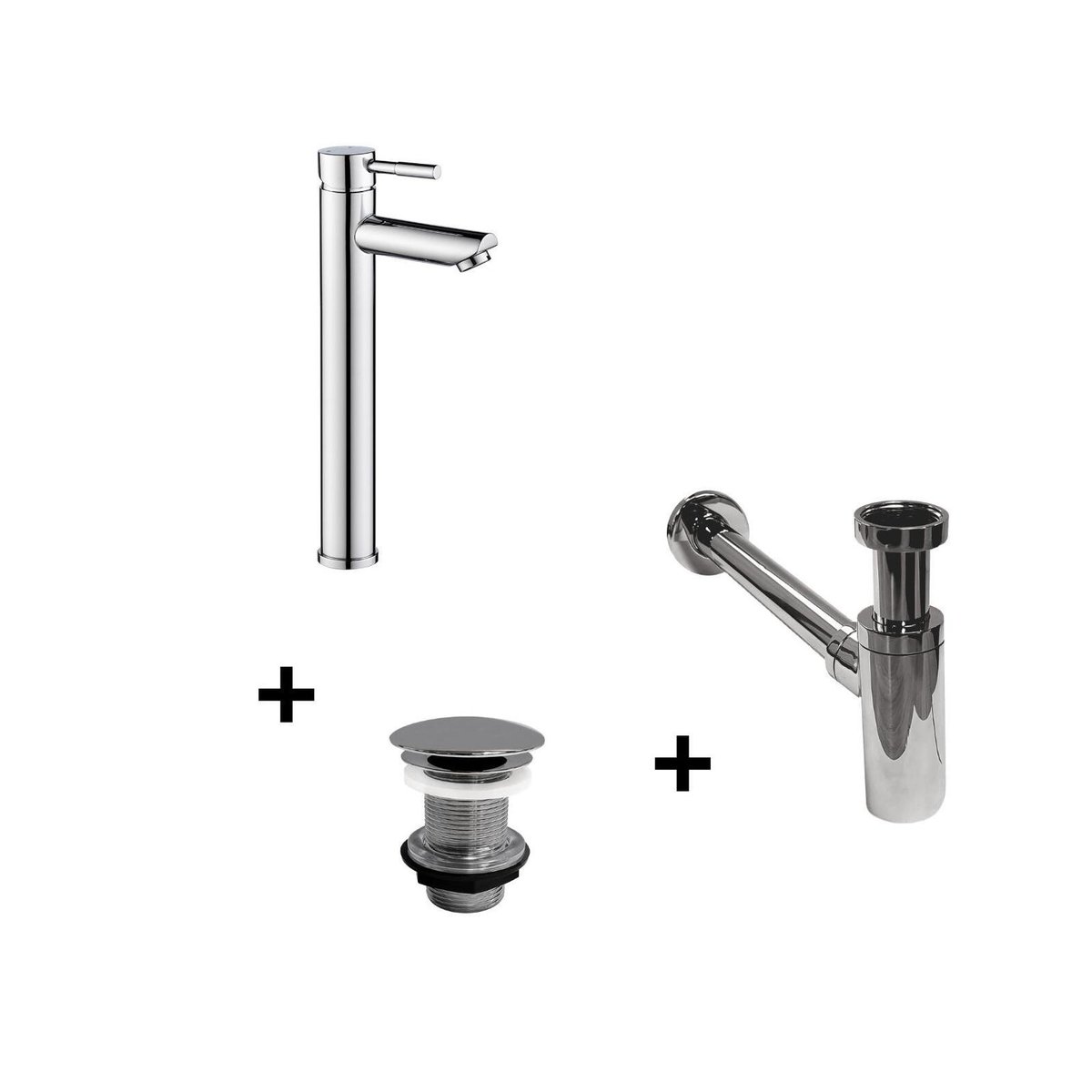 Robinet bec haut TAP + bonde LIV + siphon SIMON chromé, MOB IN