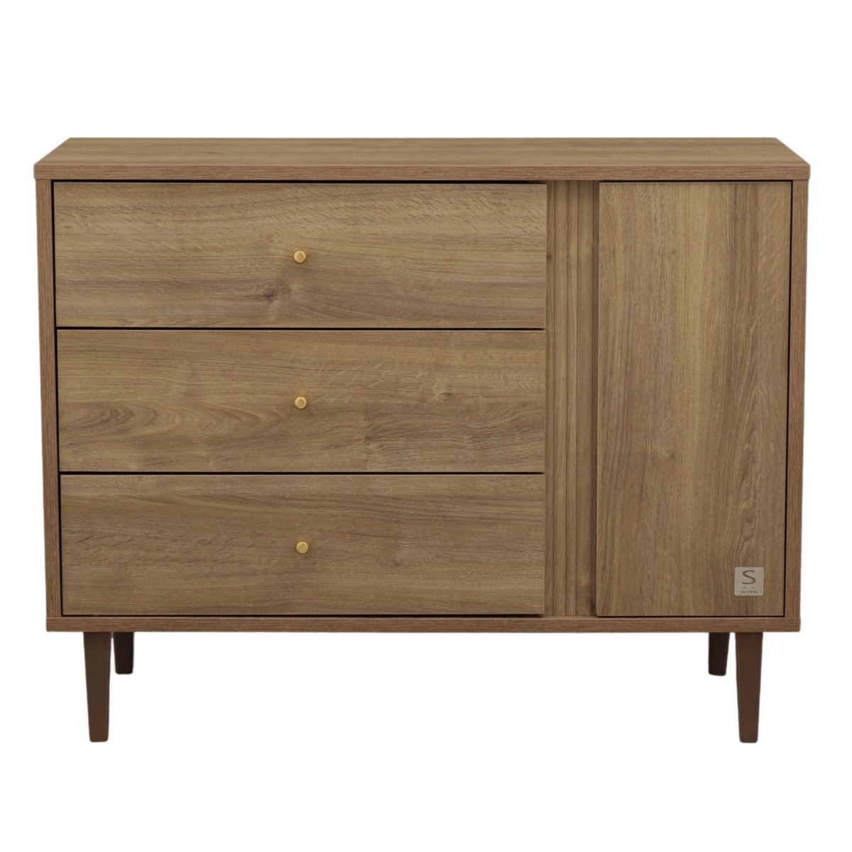 Commode 3 tiroirs et 1 porte avec détail imitation bois texturé et pieds bois marron, SAUTHON