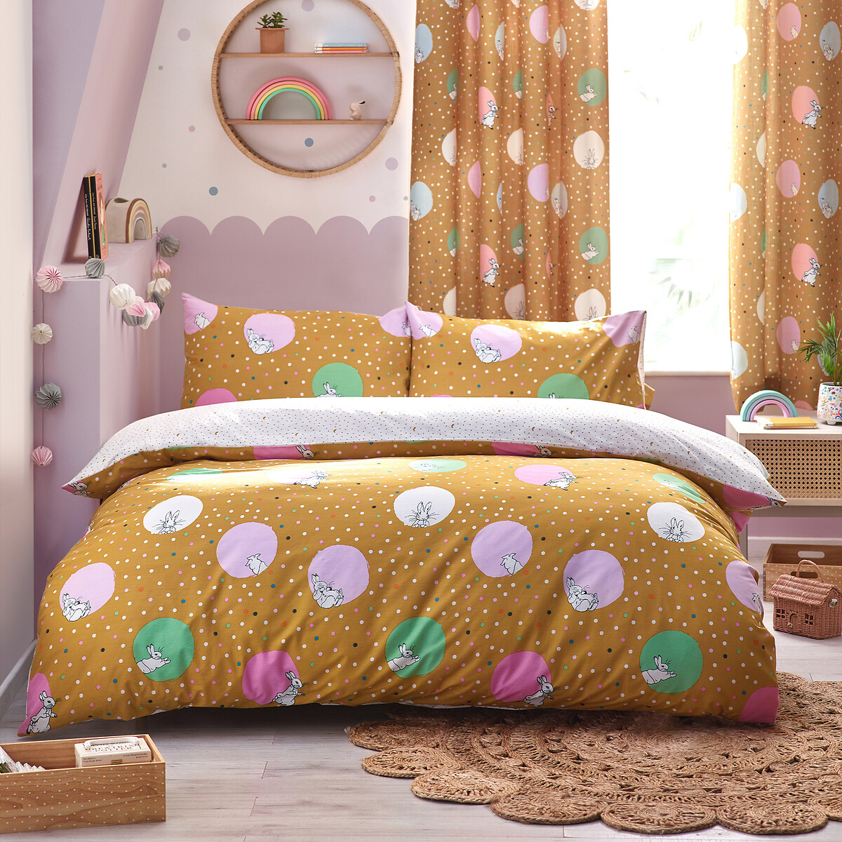 Peter Rabbit Dotty Cotton Mix Duvet Cover and Pillowcase Set ochre, PETER RABBIT