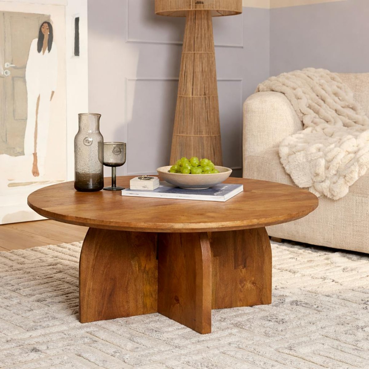 Table basse vintage en bois Ø80 cm CALDERA bois naturel, PIER IMPORT