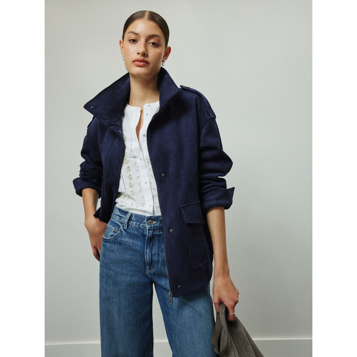 Veste en imitation daim à col cheminée bleu marine, NEXT