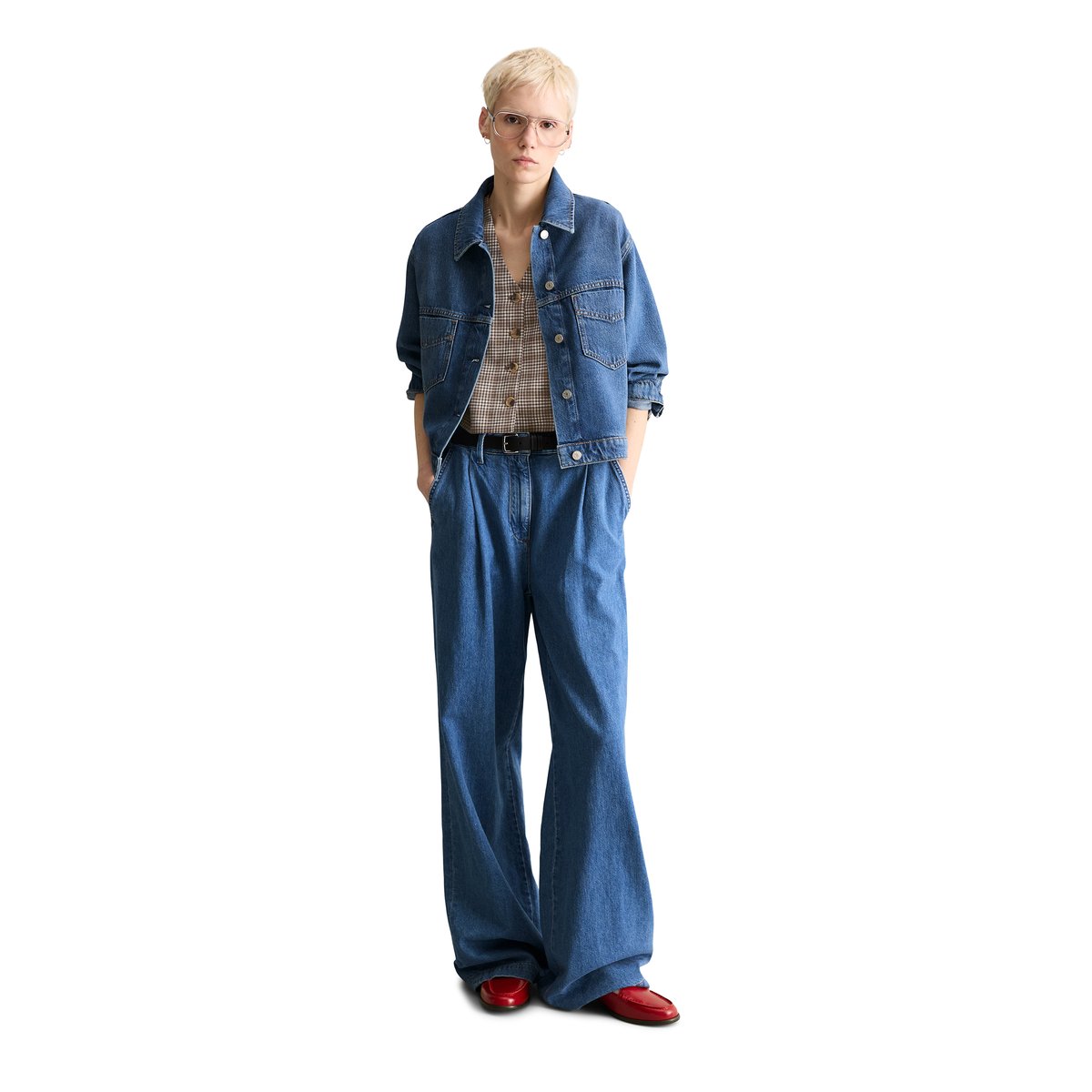 Veste en jean oversize cropped en mélange de coton organique et de lyocell bleu moyen, MARC O’POLO DENIM