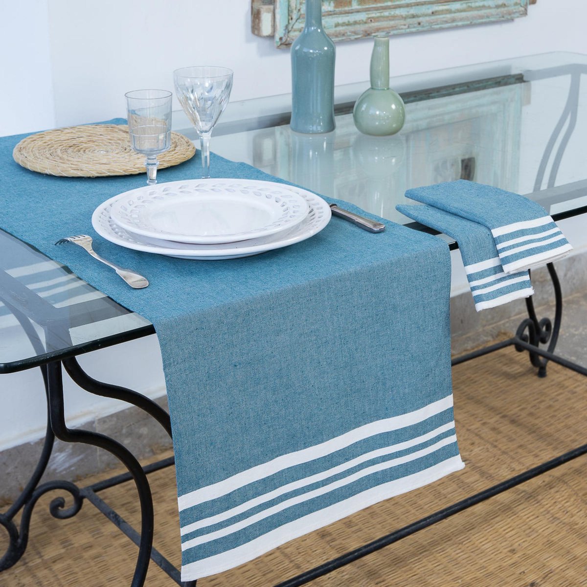 Chemin de table coton MAHDIA bleu pétrole, FEBRONIE