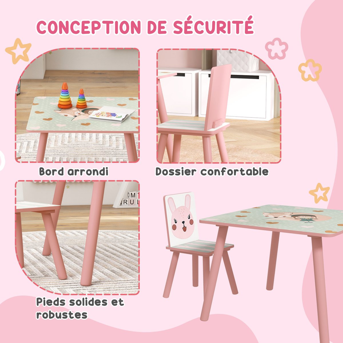 Ensemble table et chaises pour enfants MDF rose et motifs animaux, ZONEKIZ