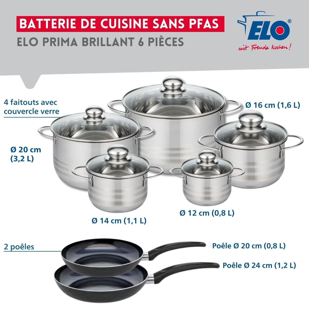 2 poêles 20/24cm + 5 faitouts 12/14/16/20/24cm PRIMA BRILLANT noir, ELO