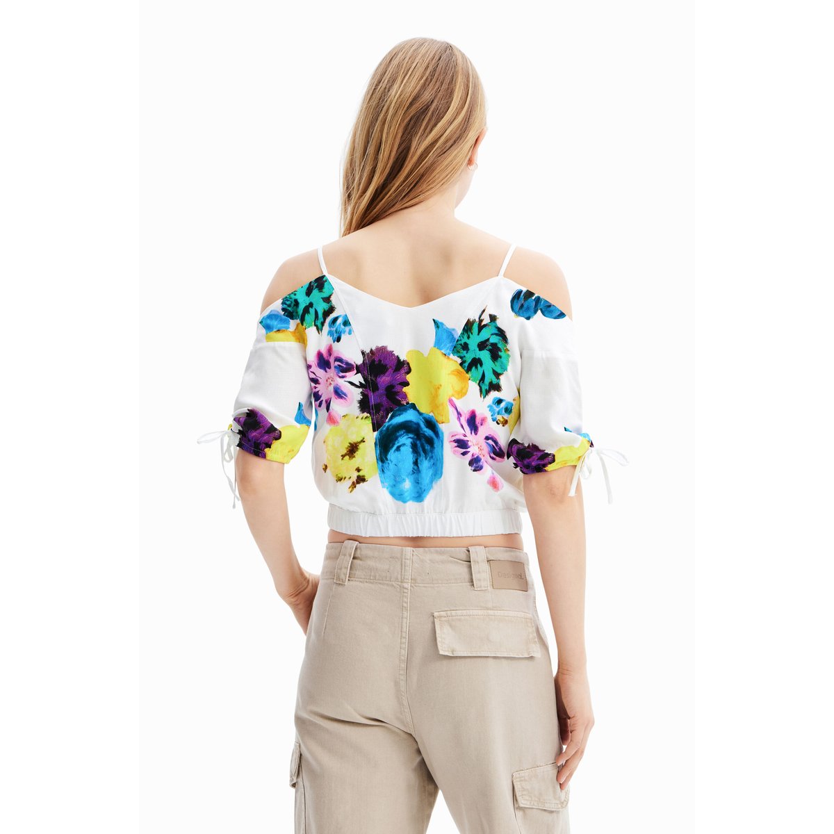 Blouse courte froncée fleurs M.Christian Lacroix blanc, DESIGUAL